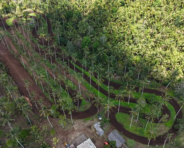 Aerial view of the motocross track winding through tropical greenery